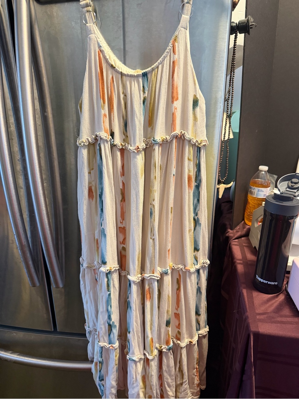 ILLA ILLA Cream Maxi Dress with Orange and Teal Brushstroke Accents